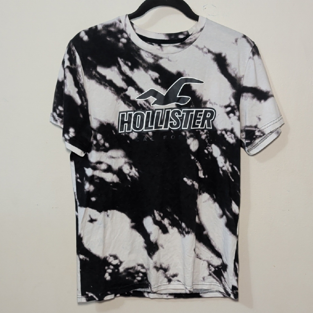 Hollister Tie-Dye Logo T-shirt Black + White Sport Knit Crewneck Men's Size M
